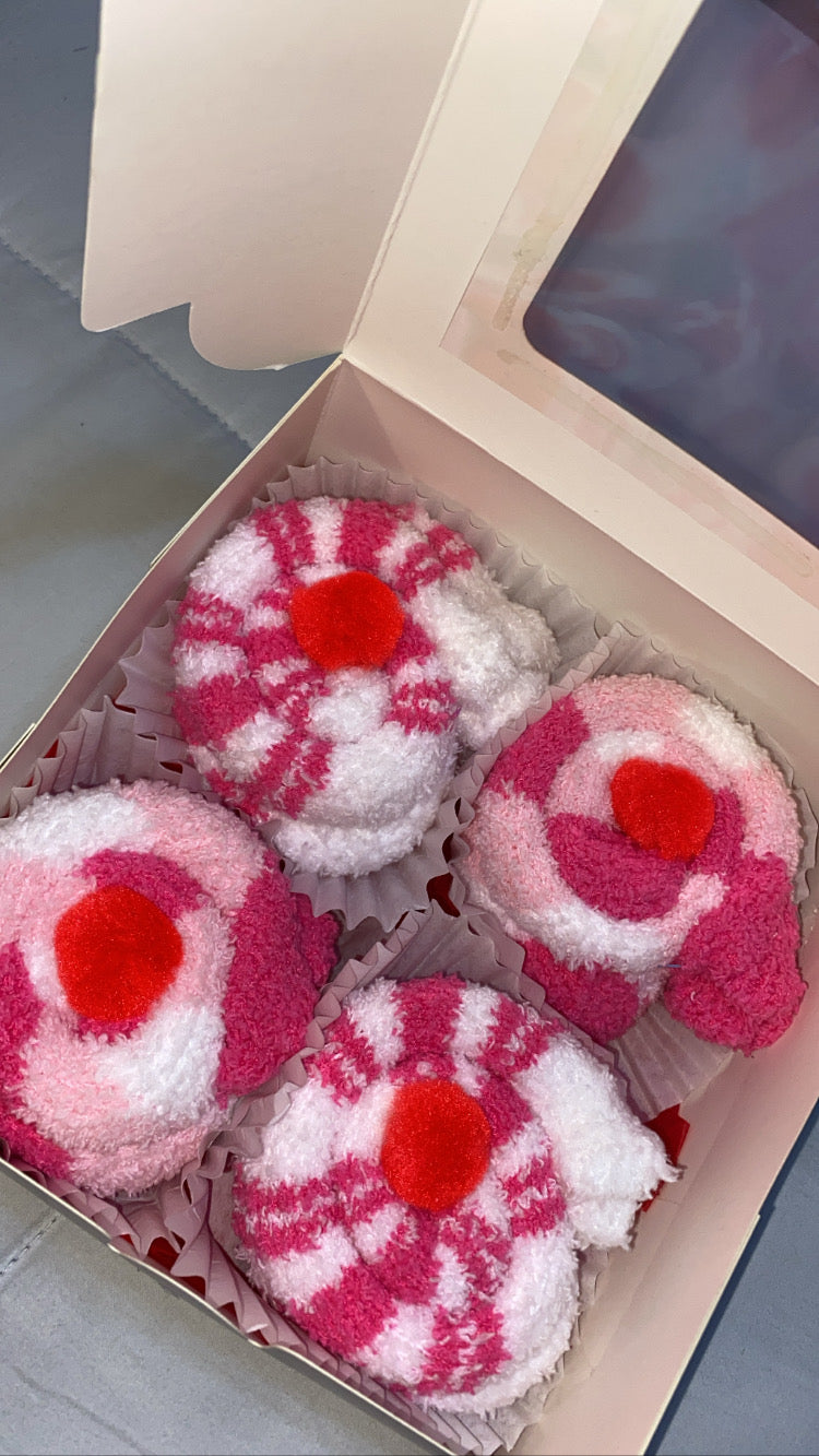 fuzzy sock “cupcakes” pink box